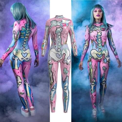 Pink Doodle Skull Skeleton Jumpsuit Catsuit Sexy Cosplay Costumes Halloween Women Bodysuit Fancy Dress