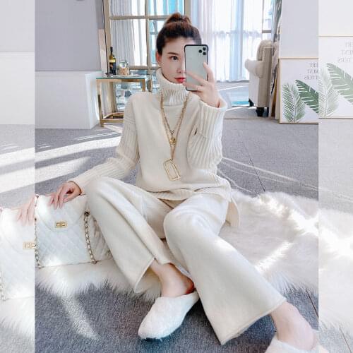 Spring Autumn Tracksuit Women Knitted Two Piece Set Turtleneck Top +Wide Leg Pants Suits 2 Piece Sets Casual Suit Outfits Y391