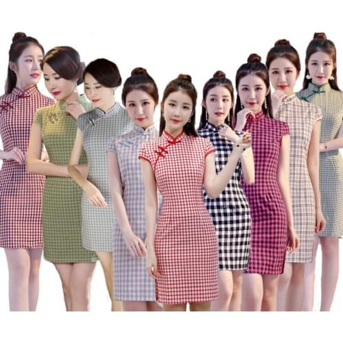 Sheng Coco 8 Color New Cheongsam Improvement Daily Ladies Low Slit Qipao Short Dresses Cotton Lattice Chinese Traditional Dress