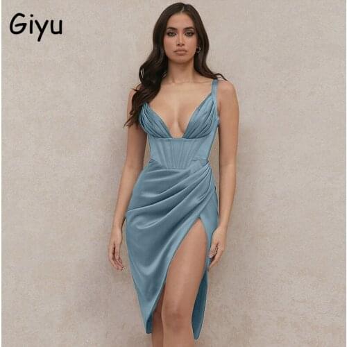 Giyu Sexy Evening Club Party Dress Women 2021 Summer V Neck Sleeveless Backless Midi Dresses Elegant High Split Ruched Vestidos