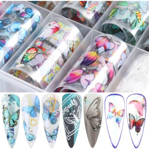 10 Roll 100x4cm Nail Foils Butterfly Series Nail Art Transfer Foil Decal Starry Paper Holographic Nails Stickers Decor NF1797