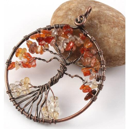 100-Unique 1 Pcs Natural Trendy Copper Plated Wire Wrapped Carnelian Stone Pendant Necklace Tree of Life Jewelry