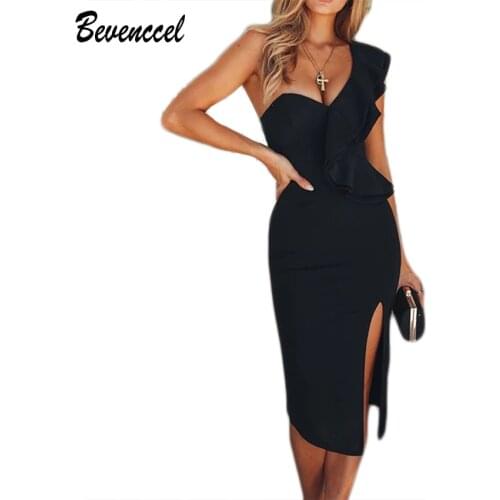 2021 New Chic One Shoulder Bandage Dress Womens Summer Elegant Sleeveless Bodycon Dress Ruffle Split Evening Club Party Dresses