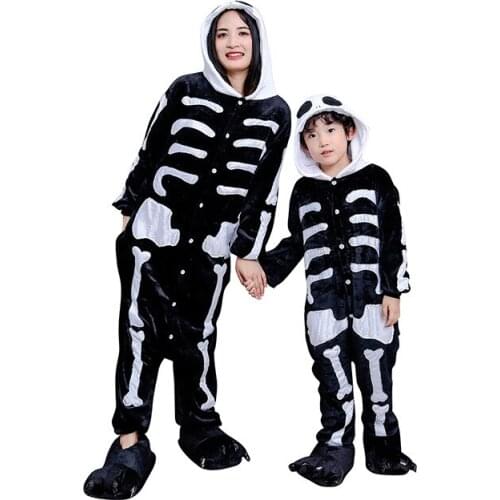 27kids Bone Pattern Pajama Male Girl Onesie Animal Cosplay Costume Party Jumpsuit Parent-child Outfit Mother Daughter Clothes