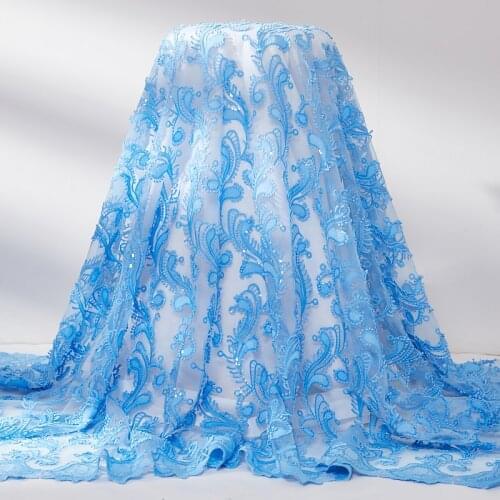 Afrcan Lace Fabric 2021 Sequins Blue Sky French Tulle Sequin Milk Mesh Sewing Embroidery Fabrics 5 Yards Dresses For Women A2532