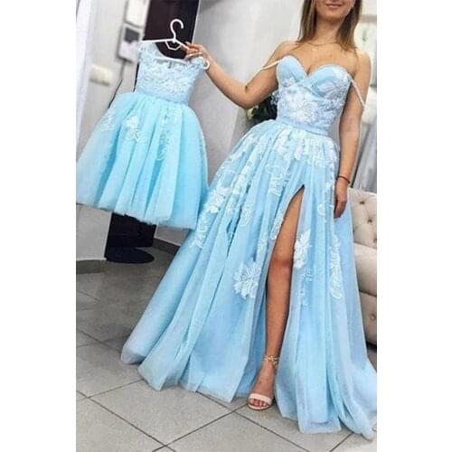 White Lace Applique Blue Mother Daughter Dresses Ball Gowns Mom And Girls Blue Puffy Party Matching Dresses Custom