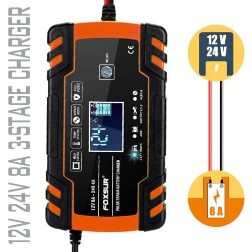 FOXSUR Motorcycle & Car Battery Charger,12V 24V Pulse Repair Battery Charger,AGM GEL WET EFB Lead Acid High Power LCD Display