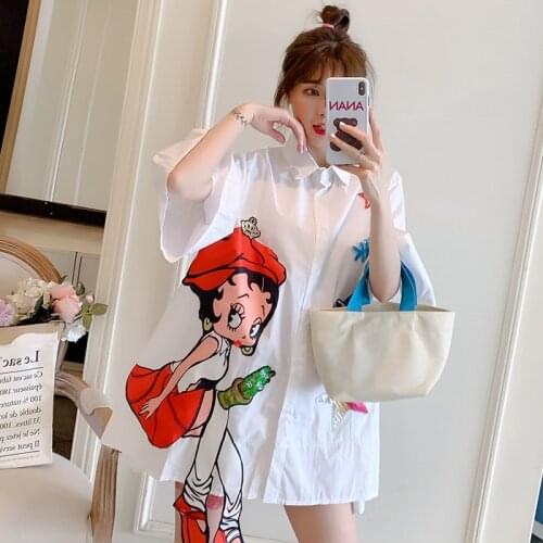 White Print Plus size Shirt Women Clothing 2021 Summer New Korean Cartoon Flared sleeves Female Blouse Girl Loose Casual Tops