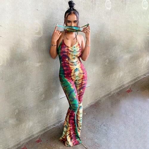 BKLD One Piece Outfit 2021 Spring New Backless Sleeveless Halter Lace Up Tie Dye Printed Rompers Womens Jumpsuit Clubwear