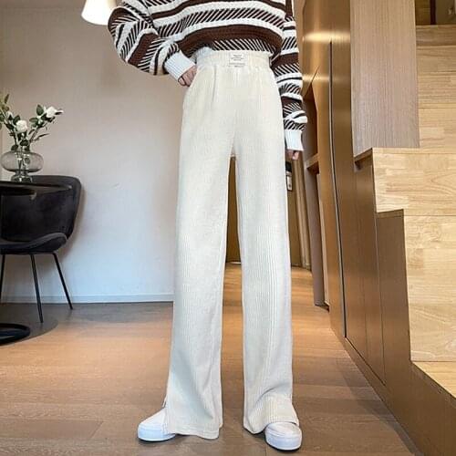 Side Slit Solid Corduroy Wide Leg Pants Women Casual New Elastic High Waist Korean Style Large Size Straight Trousers Female