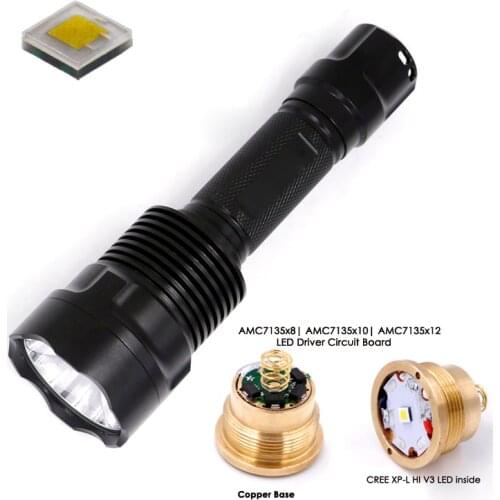 C12 CREE XP-L HI V3 led flashlight with XPL copper star base 12x7135 driver 1000lm cool white light 5 mode smo reflector