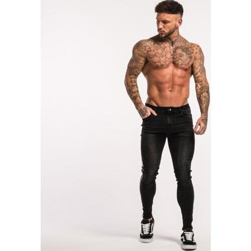 Men Jeans New Slim Elastic Denim Full Length Trousers Male Outwear Fashion Side Stripped Pencil Jeans Slim feet