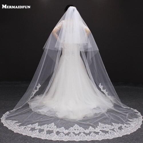Velos de novia 3 Meters 2T White&Ivory Sequins Blings Sparkling Lace Edge Purfle Long Cathedral Wedding Veils