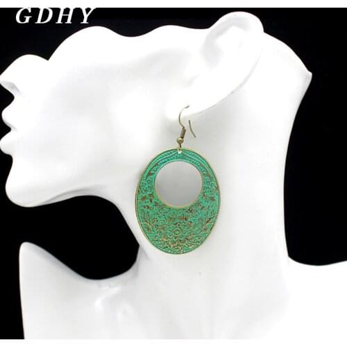 GDHY Hollow Oval Rustic Earring Bronze Flower vine Engraving Drop Earrings For Women Vintage Bohemian Charm Ear Jewelry Gifts