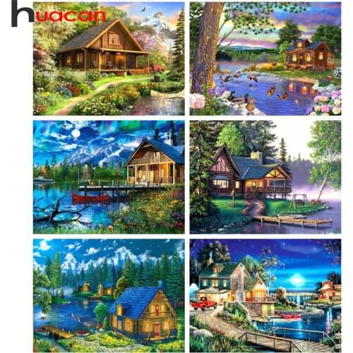 Huacan Full Square Diamond Painting House Scenery Mosaic Natural River Embroidery Diamond Pictures Home Decor