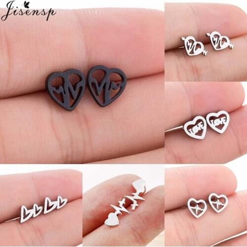 Jisensp Trendy Romantic Heartbeat Stud Earrings Fashion Jewelry for Women Stainless Steel Heart Earrings Valentines Day Gift