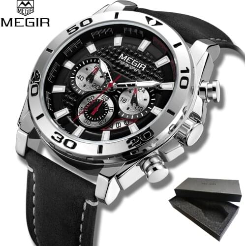 MEGIR 2019 Men Fashion Quartz Watches Mens Army Leather Sports Wrist Watch Military Date Male Clock Relogio Masculino Gift box
