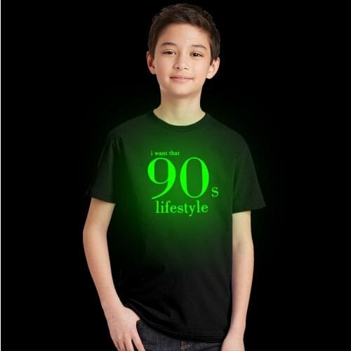 Fashion Kids Luminous I Want 90s Lifestyle Print T-shirt for Summer Unisex Children Boy Girl Glow In Dark Noctilucent Clothes