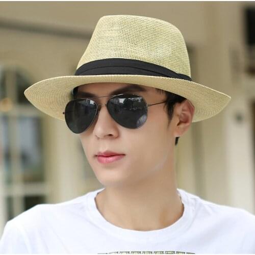 Fashion Man Summer Straw Cap Fedora Travel Sunhat Sea Beach BOHO Jazz Cap Sunshade Sunscreen Ventilation Male Fishing Hat B-8060