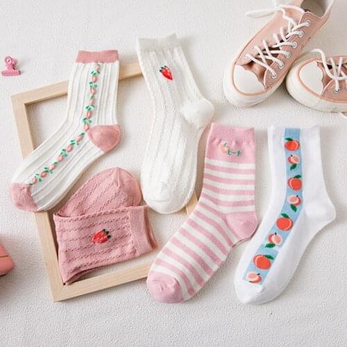 Spring New Products Socks Female Japanese Cute Thin Pink Cartoon Fruit Ladies Tube Socks Ins Cotton Socks