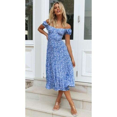2020 New Women Boho Floral Square Neck Off-Shoulder Maxi Dress Summer Ladies Girls Short Sleeve Holiday Party Long Dresses
