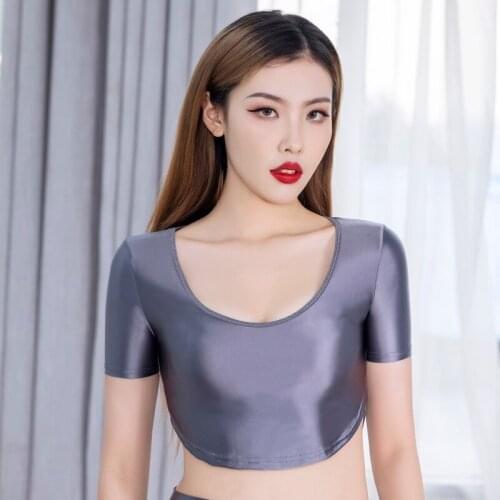 New Cute Glossy O-Neck Tank Top Short Sleeves Tees Transparent High Elastic Vest Candy Colors Erotic Lingerie Summer Sexy Woman