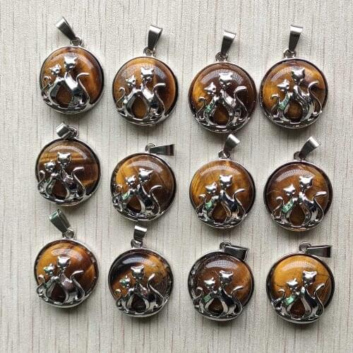 Wholesale 12pcs/lot new fashion natural tiger eye stone fox alloy round pendants for jewelry accessories marking free shipping
