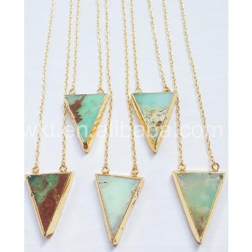 WT-N553 Wholesale natural chrysoprase stone necklace ,fashion double hoops triangle chrysoprase stone necklace with gold color