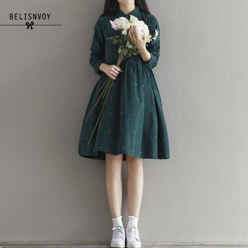 2019 Autumn Women Dresses Turn-down Collar Character Long Sleeve Casual Loose Vestidos Femininos Corduroy Green Vintage Dress