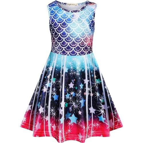 Summer Stylish Cartoon Baby Gradient Round Neck Sleeveless Dress Girls Fish Scale and Starry Sky Print Princess Dress