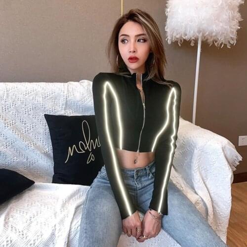 Sexy Gothic Tops Women Clothing Sexy Crop Tops Reflective Double Zipper Long Sleeve Black Thin Coat Fashion Jacket Sport Shirts