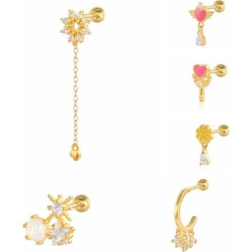 BOAKO 2021 Trend 925 Sterling Silver Earrings For Women Pink Love Chain Stud Earrings Ear Piercing Pendientes Gift 1Pcs Brincos