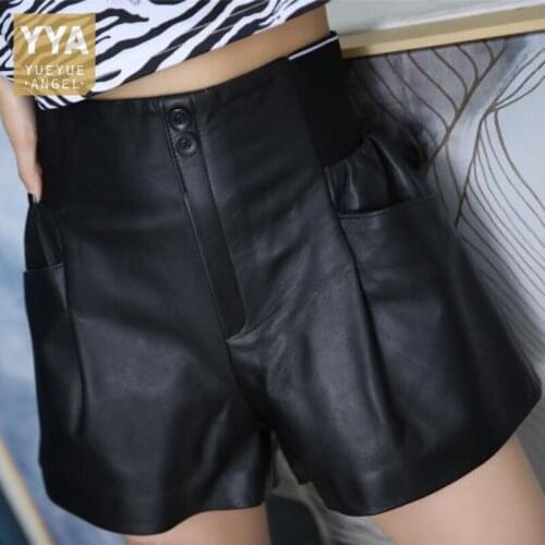 Summer Women Natural Sheepskin Wide Leg Shorts Casual Elastic High Waist Flare Short Trousers Streetwear Genuine Leather Shorts
