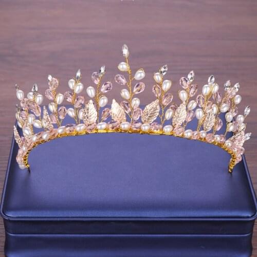 Wedding Hair Accessories Bride Pearl Tiara Rhinestone Headbands Crown Gold Tiara Wedding Pink Rhinestone Headwear Hair Band Head