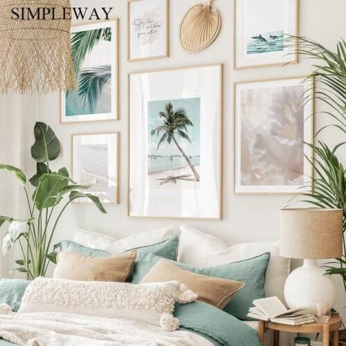 Tropical Sunshine Dolphin Ocean Poster Seascape Canvas Painting Print Palm Tree Landscape Wall Art Picture Home Room Decoration