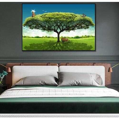 Green Tree With SeatCanvas Painting Poster Print Wall Art Picture For Living Room Home Decor Wall Decoration Frameless