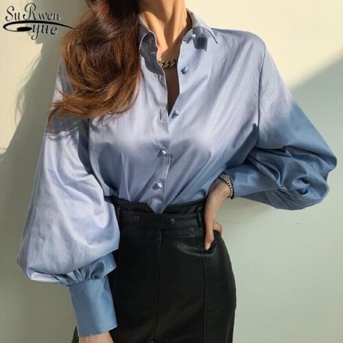 Fashion Korean Lantern Sleeve Women Blouse and Tops Office Lady Solid Cotton Women Shirts Turn Down Collar Female Clothing 12713