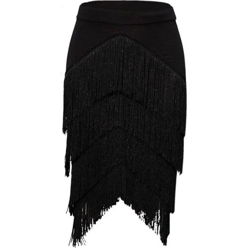 Womens Black Tassel Latin Dance Skirt Sexy Stretch Slim Fringed Adult Samba Chacha Tango High Waist Asymmetrical Skirt