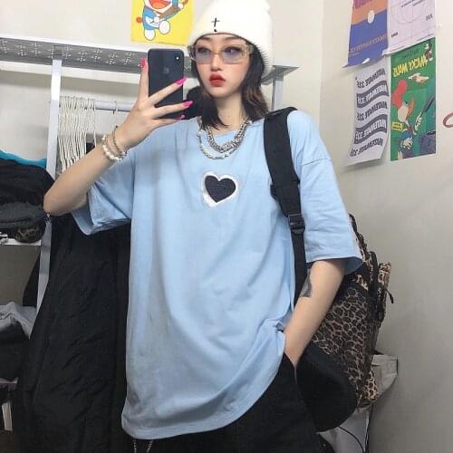 2021 New Summer Korean Version Ins Love Embroidery Blue Short-Sleeved t-Shirt Loose Short-Sleeved T-Shirt Loose Womens Summer T