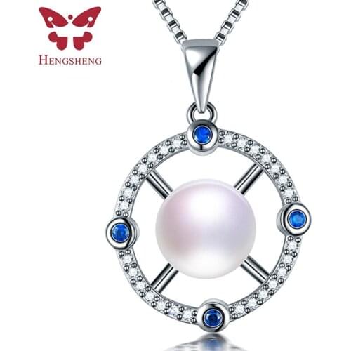 HENGSHENG Top Quality Natural Freshwater Pearl Necklace Trendy Jewelry 925 Sterling Silver Blue Zircon Pendant Women Gift