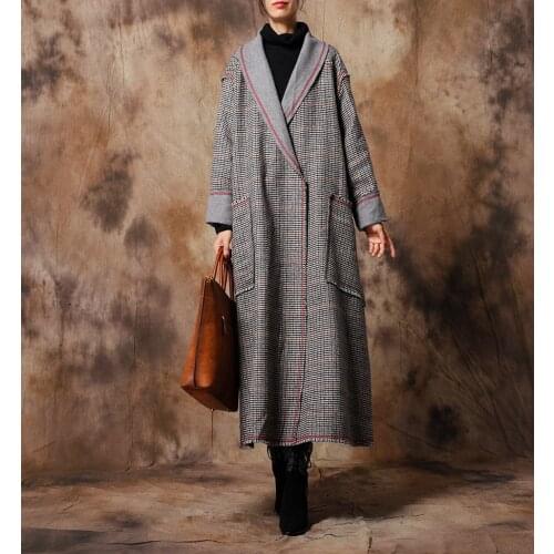 Women Winter Woollen Coat Outwear Ladies Plaid Pockets Loose Wool&Blends Retro Overcoat Female Vintage Plaid Long Coat Plus Size