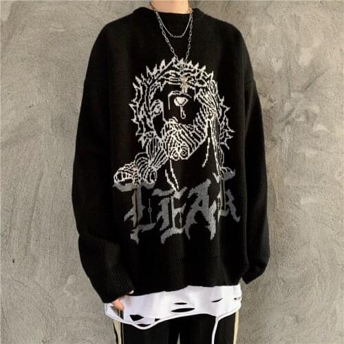 Winter Trendy INS Cartoon Harajuku Personality Lazy Style Woman Sweater Jesus Alphabet Jacquard Mens Thickened Knitted Sweater