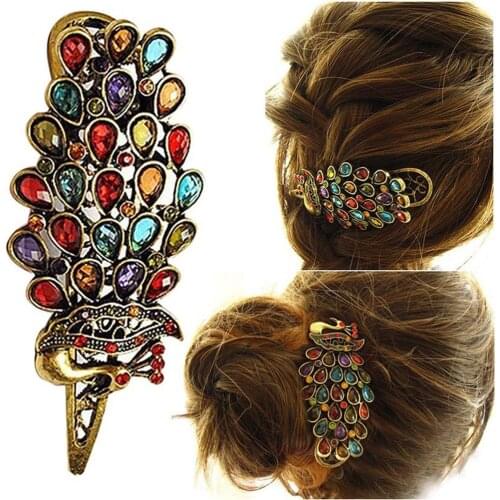 1pc New Ladies Vintage Colorful Rhinestone Peacock Barrette Hairpin Hair Clip