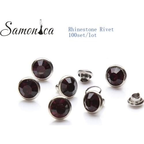 100Sets 6mm Amethyst Copper Spikes and Studs Crystal Rhinestone Rivets For Leather Clothes Bags Shoes DIY Decorative Crafts