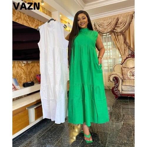 VAZN 2020 Hot Pleated Chic Ladies Slim Elegant Female Solid Skinny Maxi Dress Sexy Lady O-Neck Sleeveless Long Dress