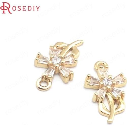 39875)10PCS 24K Champagne Gold Color Brass and Zircon Flower Charms Pendants Jewelry Making Supplies Diy Findings Accessories