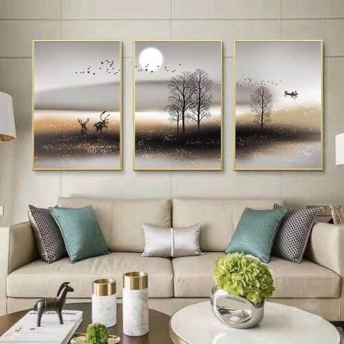 Abstract Landscape Canvas Painting Sunset Tree Bird Deer Poster Modern Wall Art Pictures For Living Room Office Decor