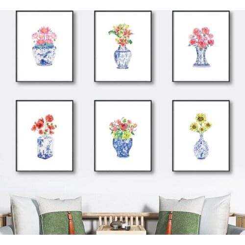 Watercolor Chinoiserie Vases with Flowers Posters Print Blue and White China Porcelain Art Canvas Painting Picture Wall Decor