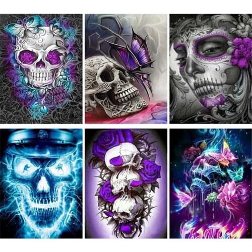 FIYO Diamond Painting Full Round/Square Skull Diamond Embroidery Gothic Skeleton Cross Stitch Rhinestone Painting Mosaic Kit