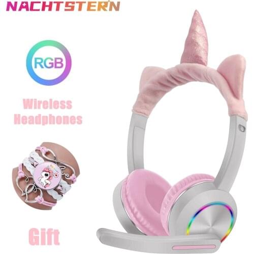 2021 New Unicorn Wireless Earphones Headset With Micrphon RGB Light Kid Learn Music Stereo Earphone Mobile Phone Childrens Gift